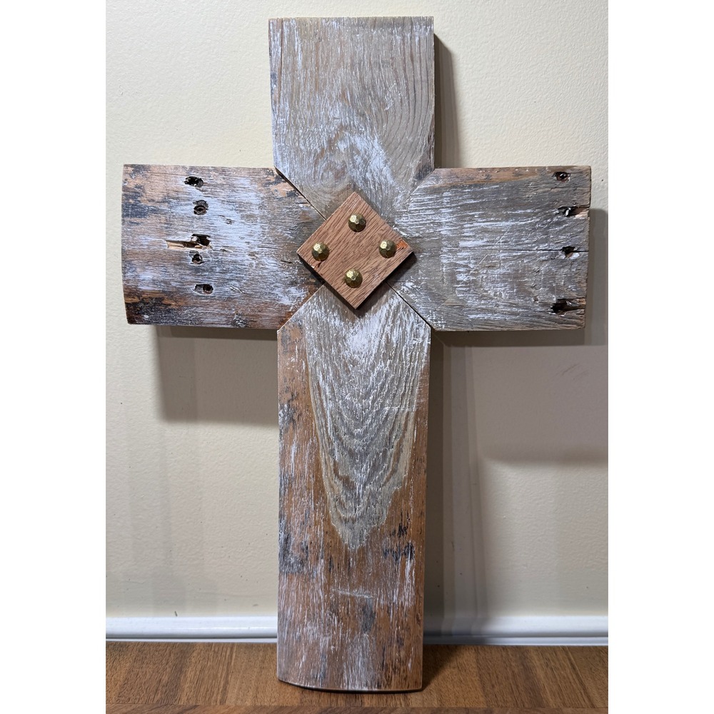 Rustic Reclaimed Wood Wall Cross Whitewash Farmhouse Decor 16.5 Inch Handcrafted